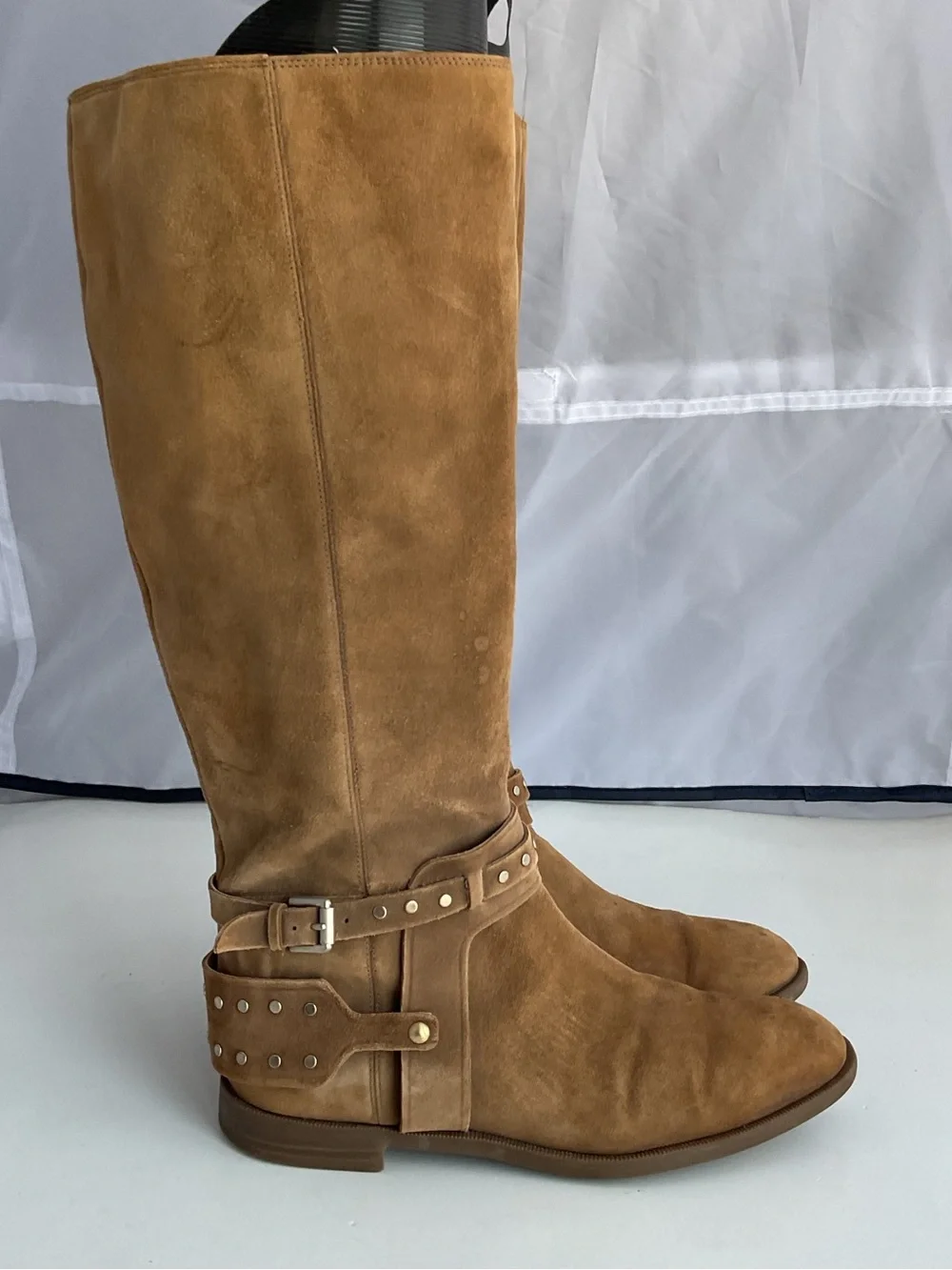 Nine West Luciana Tan Suede Studded Ankle Straps Riding Boots Women’s Size 6.5M